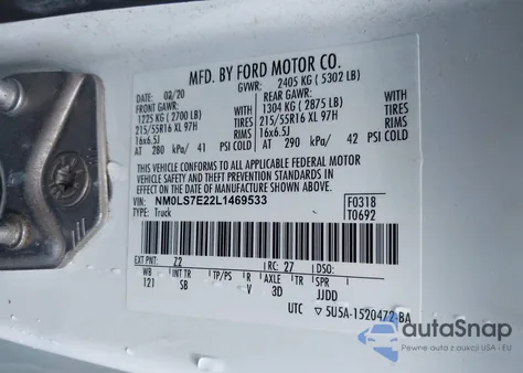 2020 Ford Transit Connect Xl Cargo Van z USA, uszkodzony, nr VIN NM0LS7E22L1469533